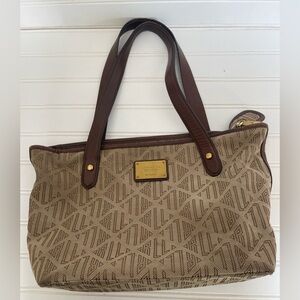 Vintage Lauren RL Est 1967 Shoulder Logo Fabric Brown Leather 15”Wx9”H Handbag